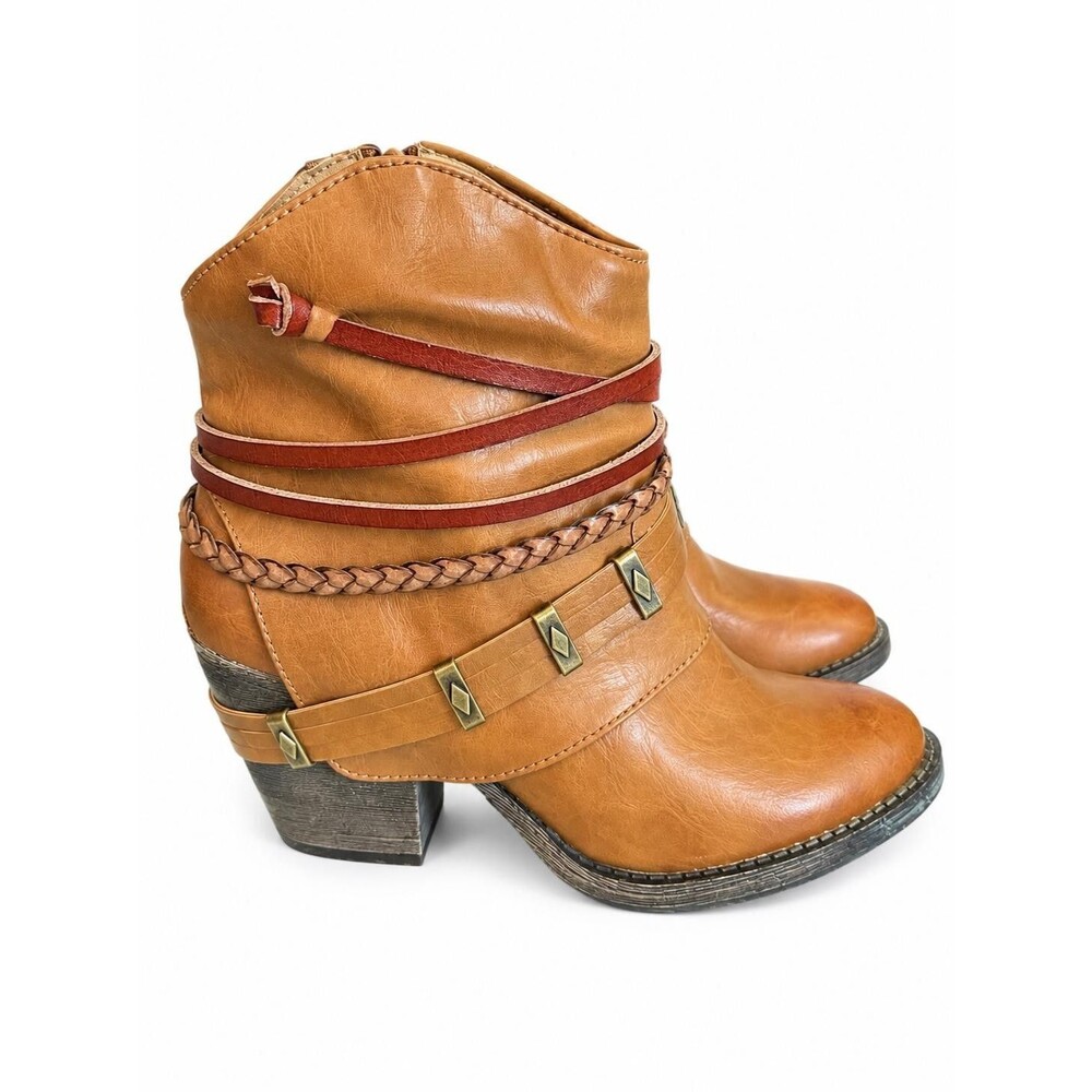 Jellypop Womens Tan Brown Western Ankle Boots Braided Strap Buckle Size 6M